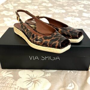 Via Spiga Women’s Leopard Patent Slingback Espadrille Sandals Peep Toe Size 7.5